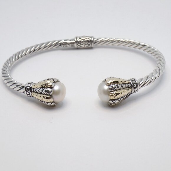 925/18k Accent Balinese Pearl Cuff Hinged Bracelet - Picture 1 of 12